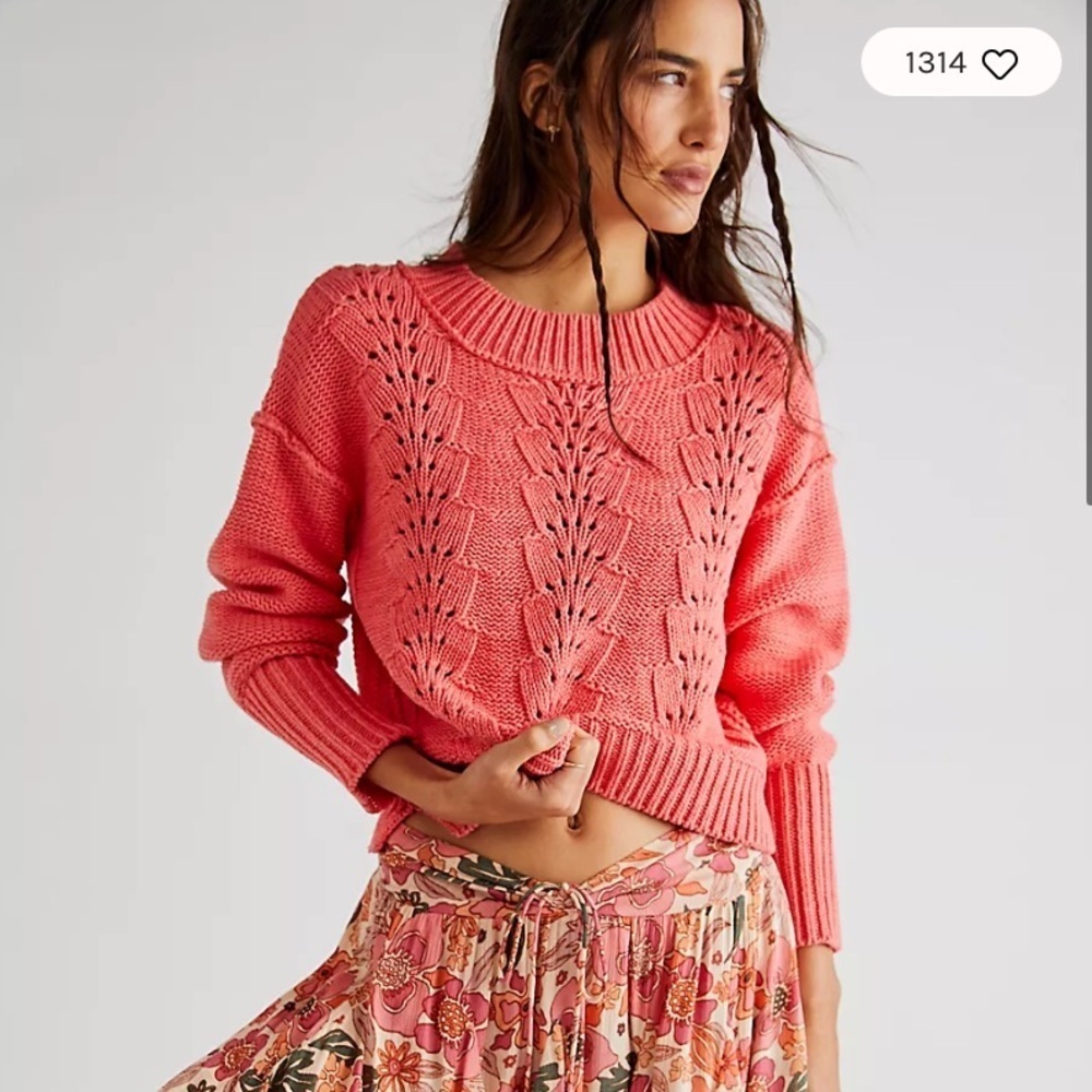 Free People bell song Lyra reef coral pullover pointelle sweater 26782
